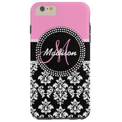 Pink Black Damask Pattern Monogram Tough iPhone 6 Plus Case