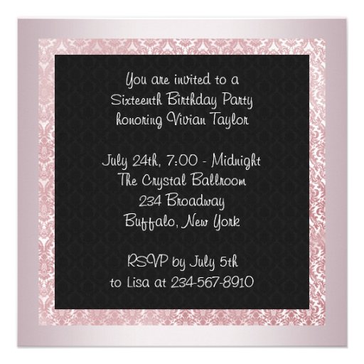 Pink Black Damask Photo Sweet 16 Party Custom Invitation