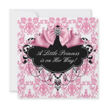 Pink Black Damask Princess Baby Girl Shower Invites