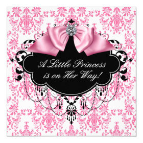 Pink Black Damask Princess Baby Shower 5.25x5.25 Square Paper Invitation Card