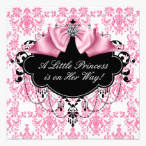 Pink Black Damask Princess Baby Shower invitations