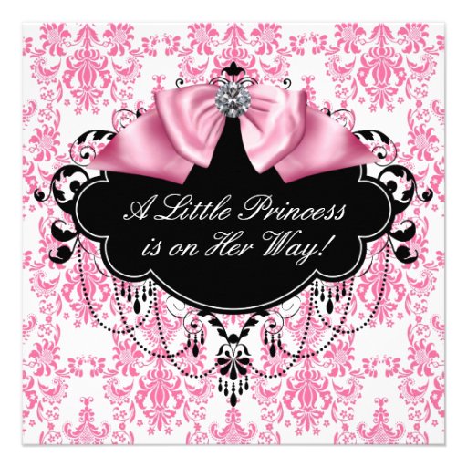 Pink Black Damask Princess Baby Shower Invites
