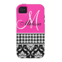Pink, Black Damask Printed Diamonds iPhone 4 Case