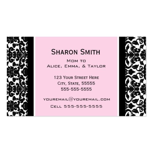 Pink Black Damask Retro Mom Calling Cards Business Card (back side)