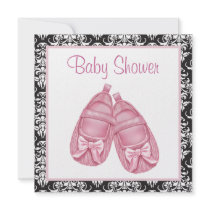 Pink Black Damask Satin Booties Baby Girl Shower Custom Invites
