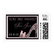 Pink & Black Damask Shoe Bridal Shower Stamp