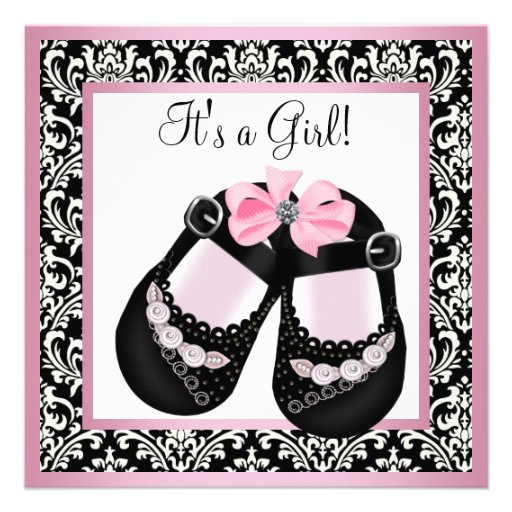 Pink Black Damask Shoes Baby Girl Shower Invitation