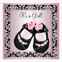 Pink Black Damask Shoes Baby Girl Shower invitations
