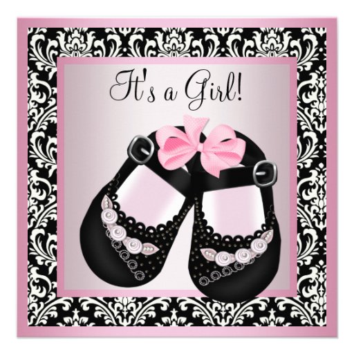 Pink Black Damask Shoes Baby Girl Shower Personalized Announcements