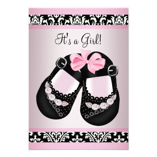 Pink Black Damask Shoes Baby Girl Shower RSVP Invitations