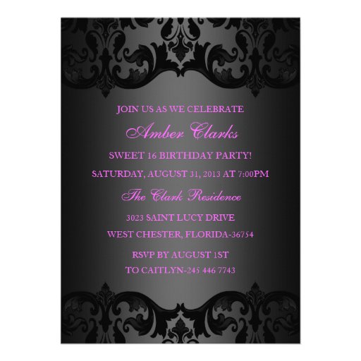 Pink & Black Damask Sweet 16 Birthday Invite