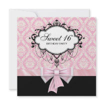 Pink Black Damask Sweet 16 Birthday Party Custom Invitation