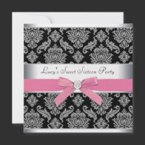 Pink Black Damask Sweet 16 Birthday Party Invitations