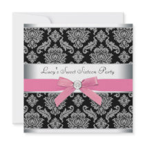 Pink Black Damask Sweet 16 Birthday Party Invitations