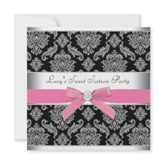 Pink Black Damask Sweet 16 Birthday Party Invitations