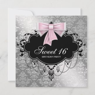 Pink Black Damask Sweet 16 Birthday Party Custom Invite