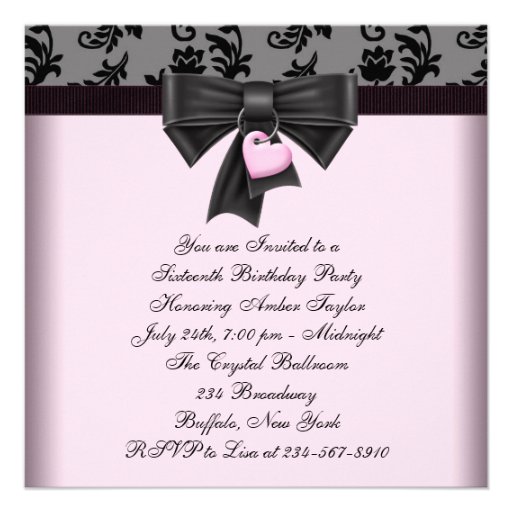 Pink Black Damask Sweet 16 Birthday Party Personalized Invite