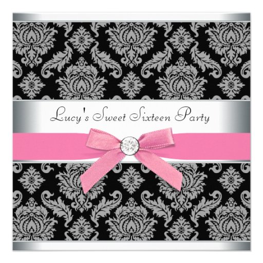 Pink Black Damask Sweet 16 Birthday Party Invitations