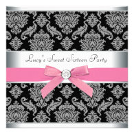 Pink Black Damask Sweet 16 Birthday Party Invitations