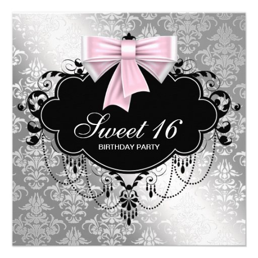 Pink Black Damask Sweet 16 Birthday Party Custom Invite