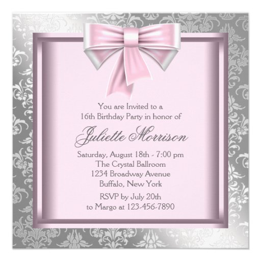 Pink Black Damask Sweet 16 Birthday Party Custom Invite