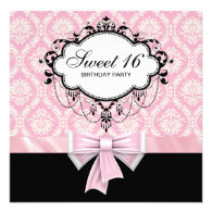 Pink Black Damask Sweet 16 Birthday Party Custom Invitation