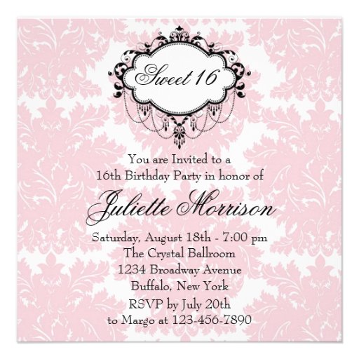 Pink Black Damask Sweet 16 Birthday Party Personalized Invite