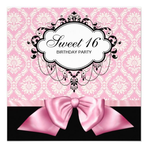 Pink Black Damask Sweet 16 Birthday Party Custom Invite