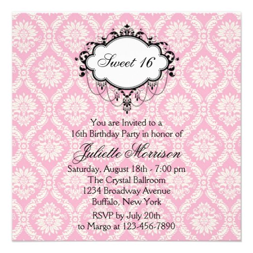 Pink Black Damask Sweet 16 Birthday Party Custom Invite