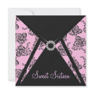 Pink Black Damask Sweet 16 Party invitation