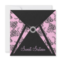 Pink Black Damask Sweet 16 Party Custom Invitations
