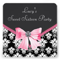 Pink Black Damask Sweet 16 Party invitations