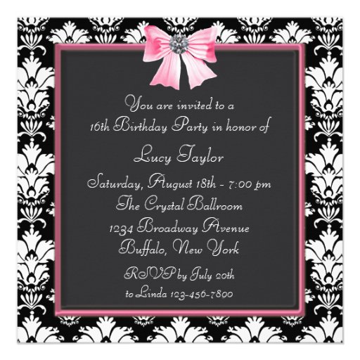 Pink Black Damask Sweet 16 Party Personalized Invitation