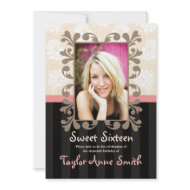 Pink Black Damask Sweet Sixteen Photo Invitations invitation