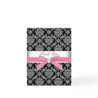 Pink Black Damask Thank You Cards card