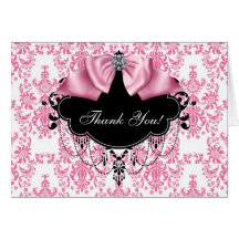 Pink Black Damask Thank You Cards