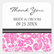 Pink Black Damask Thank You Wedding Favor Tags Square Stickers