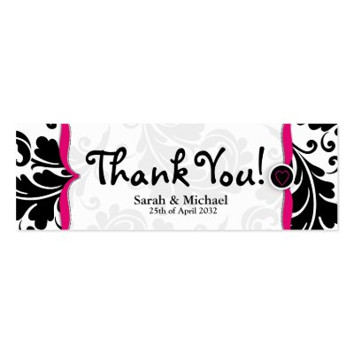 Pink black damask Wedding favor Gift tag featuring the words Thank You 