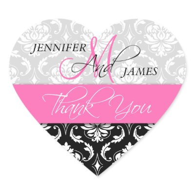 Pink, Black Damask Wedding Favor Heart Sticker