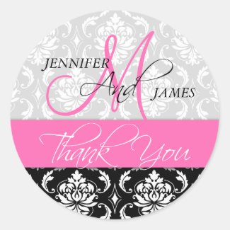 Pink Black Damask Wedding Favor Thank You Sticker