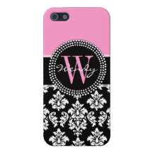 Pink, Black Damask Your Initial, Your Name iPhone 5 Cover