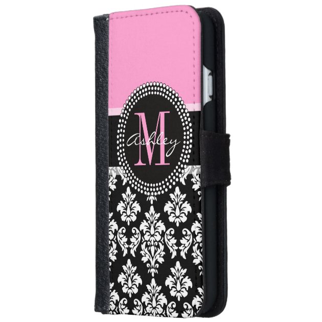 PINK, BLACK DAMASK, YOUR MONOGRAM ,YOUR NAME iPhone 6 WALLET CASE