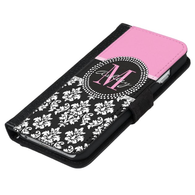 PINK, BLACK DAMASK, YOUR MONOGRAM ,YOUR NAME iPhone 6 WALLET CASE-5