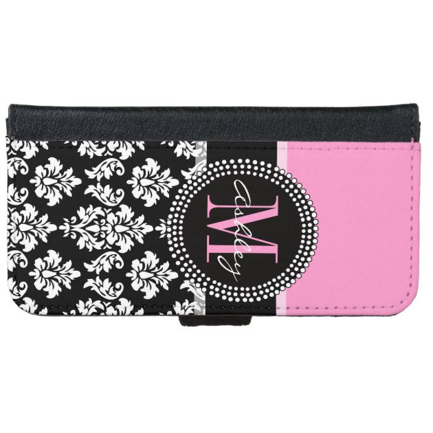 PINK, BLACK DAMASK, YOUR MONOGRAM ,YOUR NAME iPhone 6 WALLET CASE-4