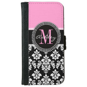 PINK, BLACK DAMASK, YOUR MONOGRAM ,YOUR NAME iPhone 6 WALLET CASE