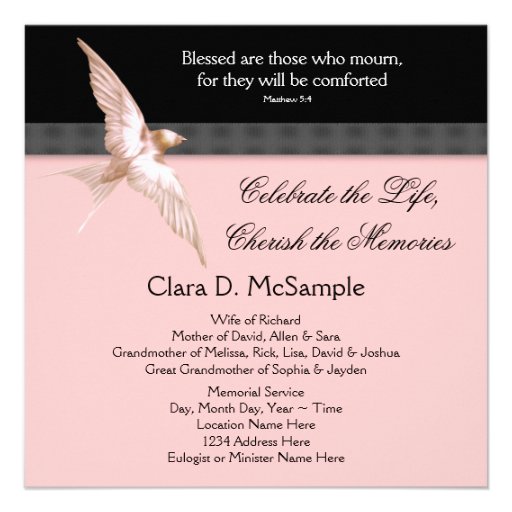 Pink Black Dove Womans Photo Funeral Announcements