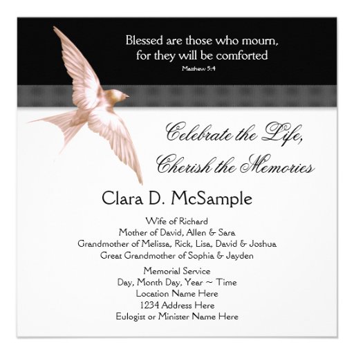 Pink Black Dove Womans Photo Funeral Announcements