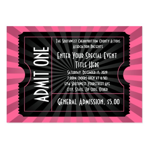Pink+ Black Event Ticket, Lg Business Card Size (front side)