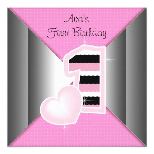 Pink Black Girls 1st Birthday Party Invitation