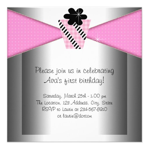 Pink Black Girls 1st Birthday Party Invitation